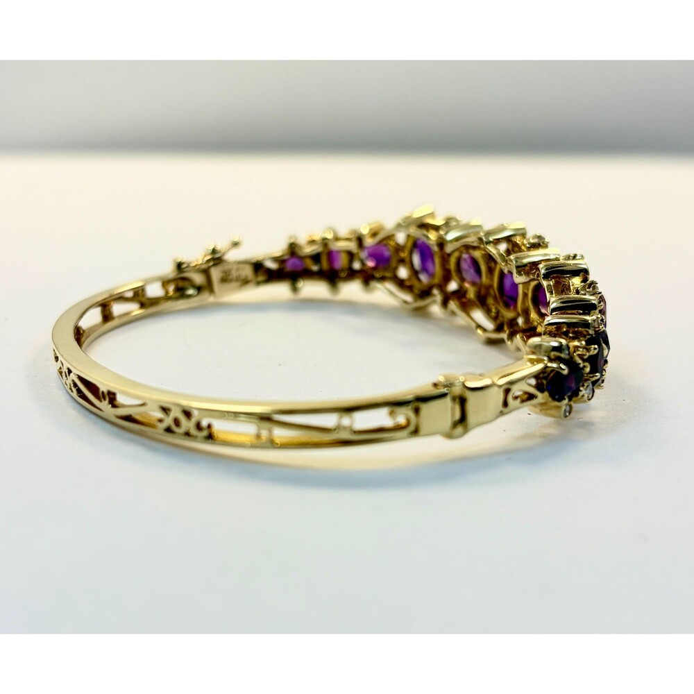 Amethyst Bracelet Diamonds 14K Yellow Gold: Hinged Bangle Vintage - Picture 13 of 14
